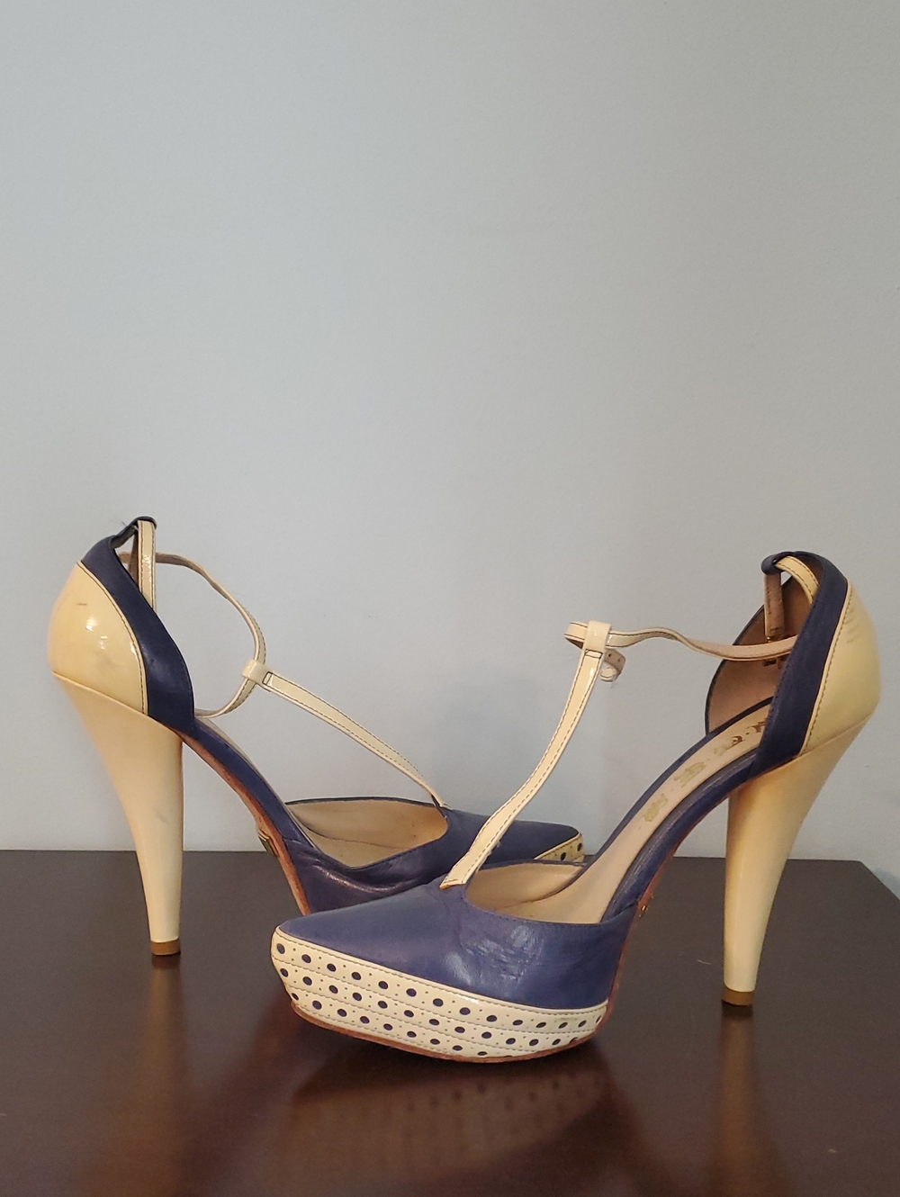 Navy and Cream T-Strap High Heels